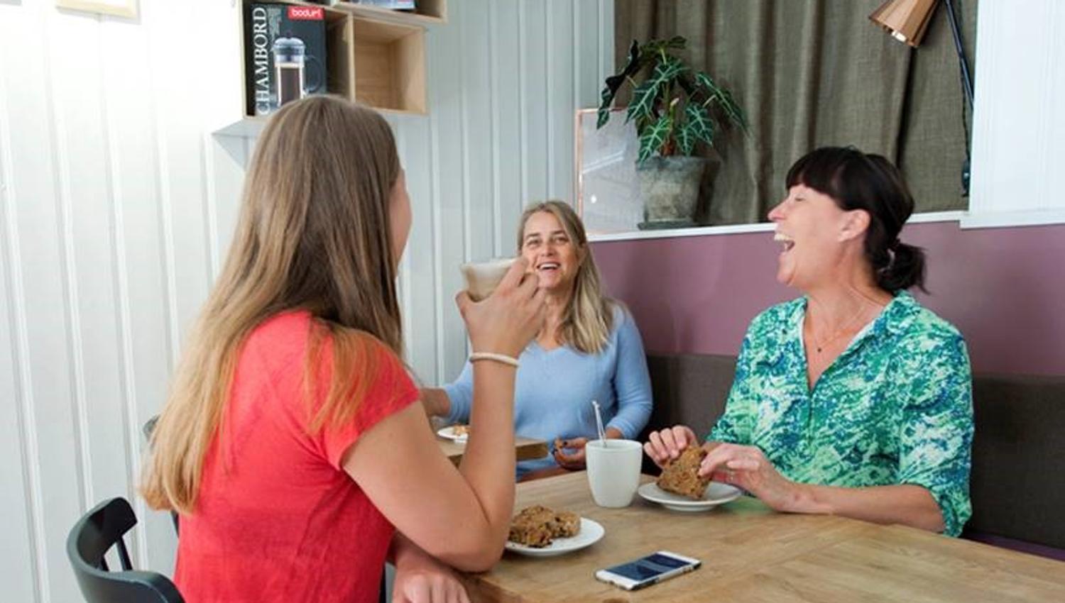 Ladies drinking coffee and eating pastries