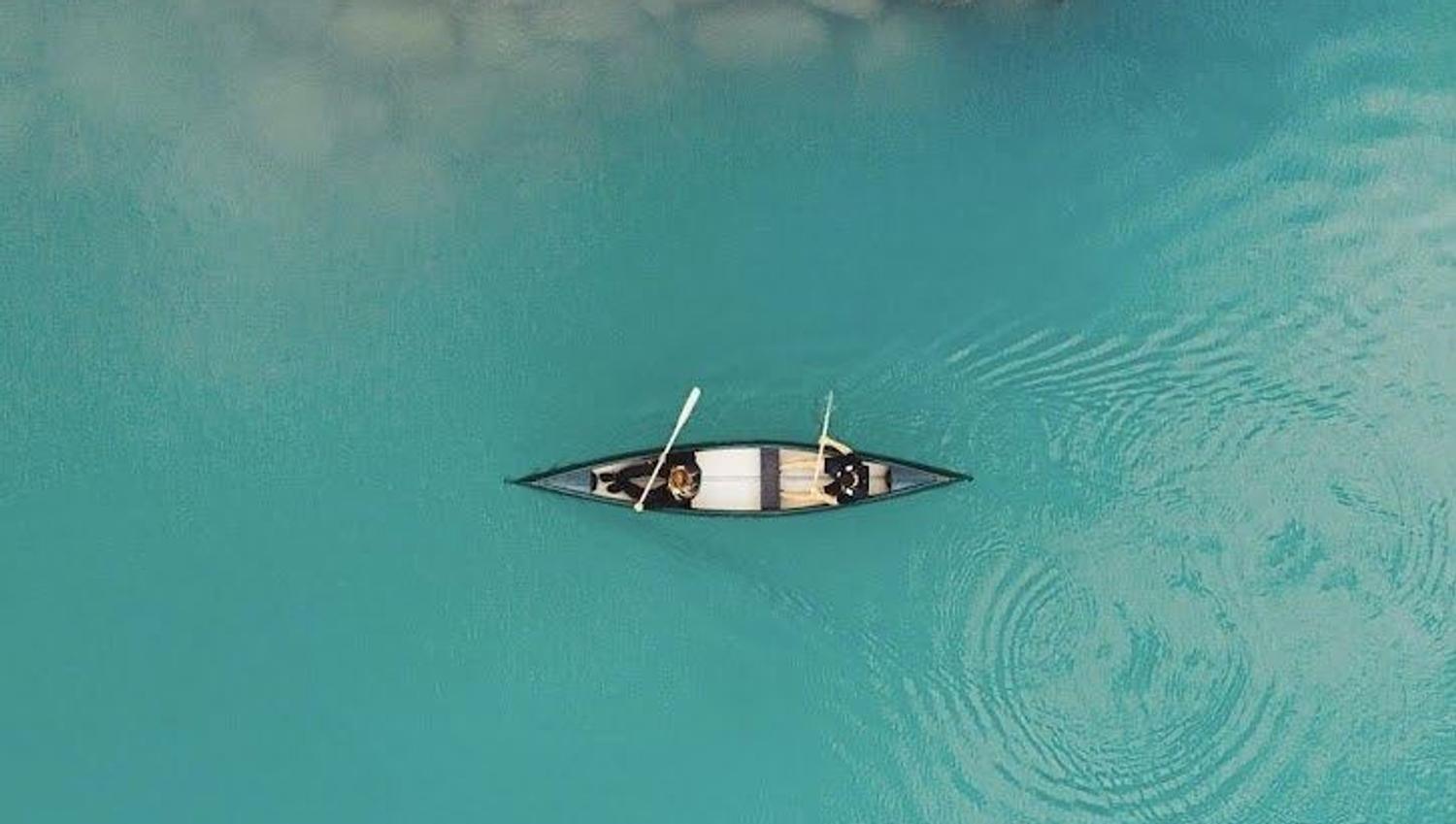 Overhead view of a canoe with two paddles on calm turquoise water near a rocky shoreline and grass.