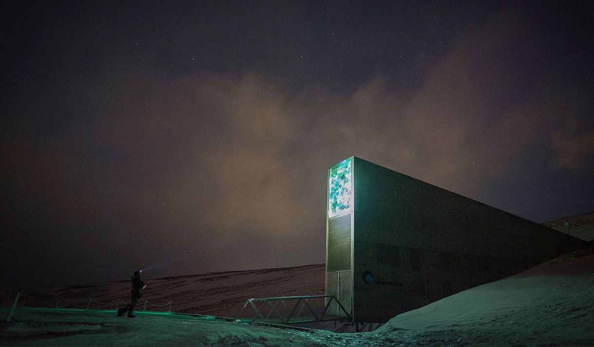 En person som står foran inngangen til Svalbard Globale Frøhvelv i mørket
