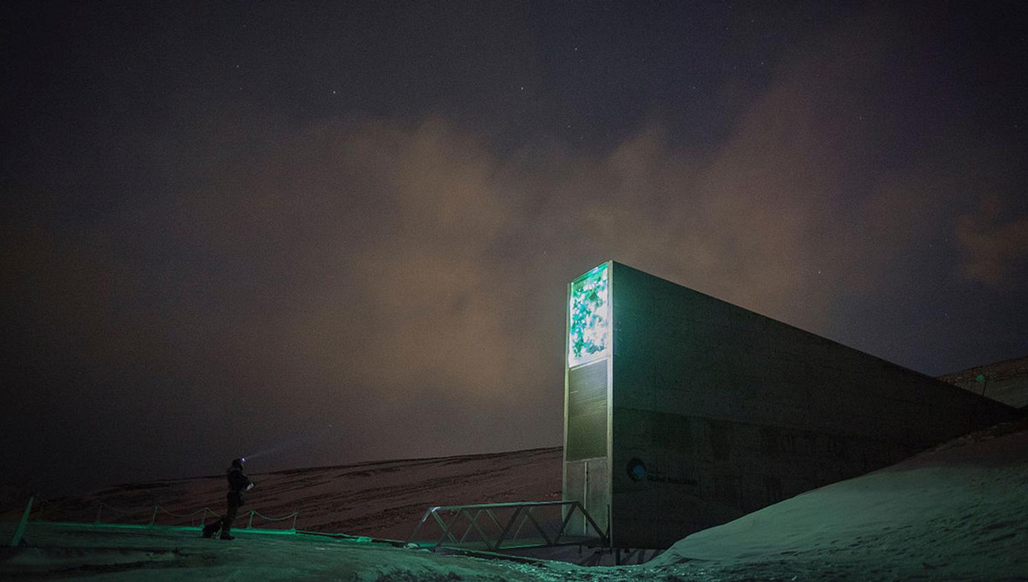En person som står foran inngangen til Svalbard Globale Frøhvelv i mørket