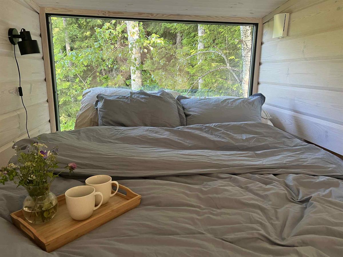 Bright cabin interior with a bed facing a large window overlooking trees and forest.