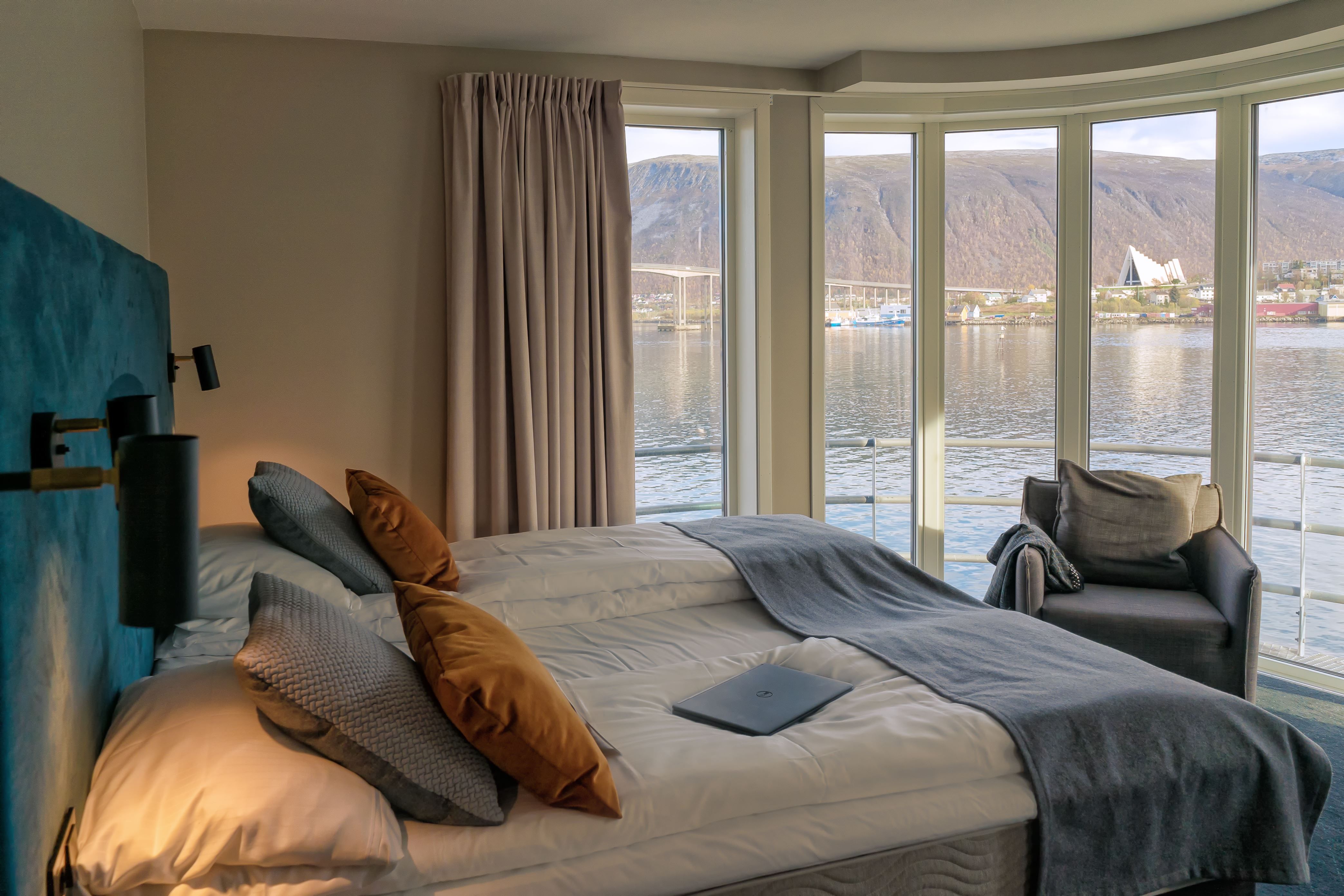 Hotel room with view of Arctic Cathedral in Tromsø.