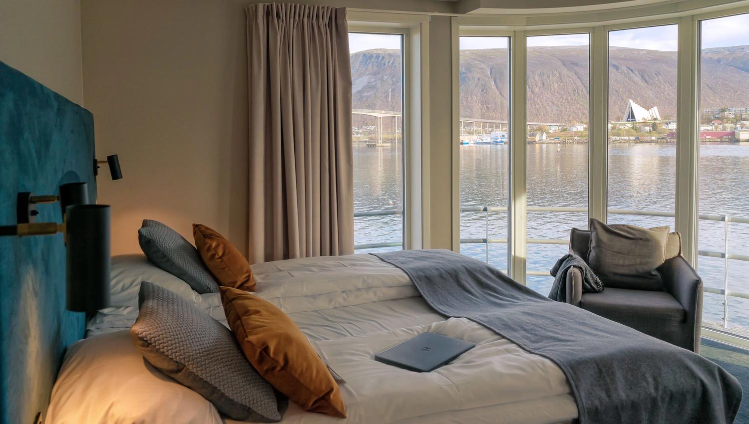 Hotel room with view of Arctic Cathedral in Tromsø.