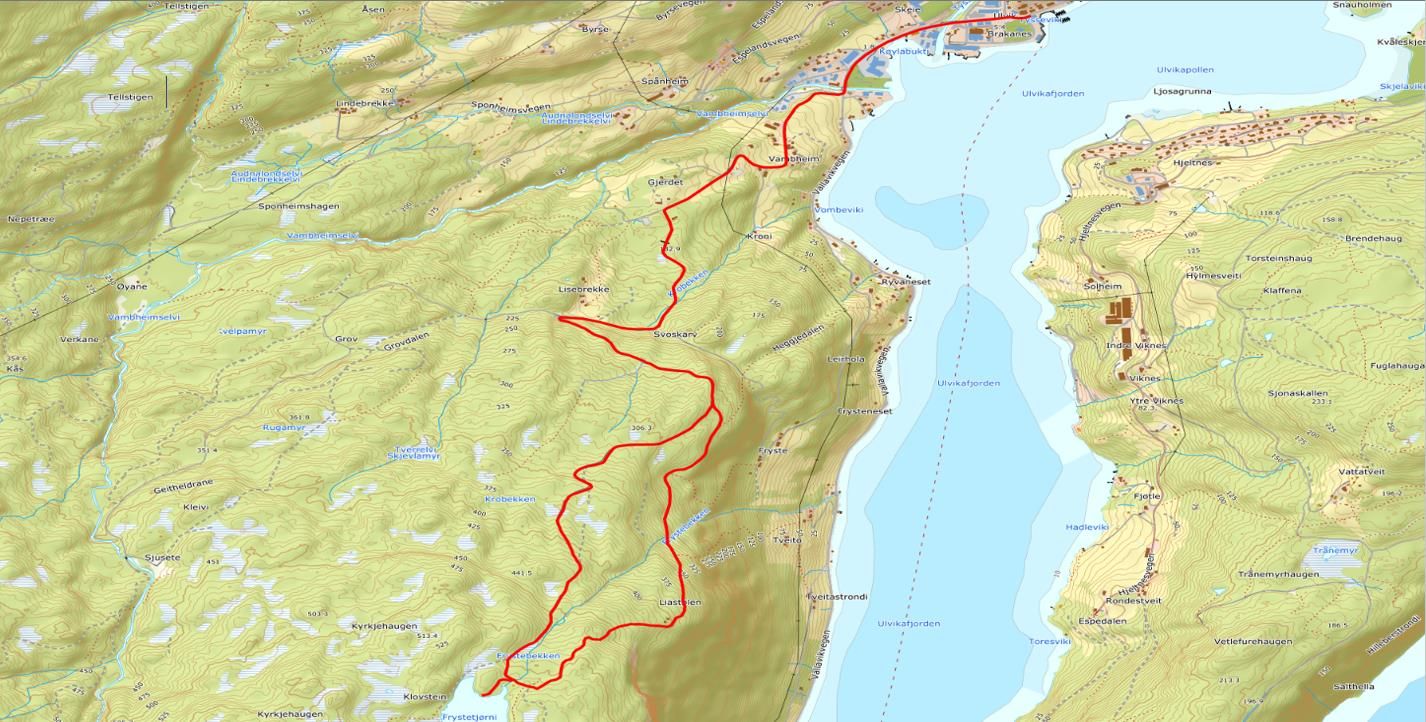 Hiking map showing the marked trail from Vambheim to Frystetjørn in Hardanger.