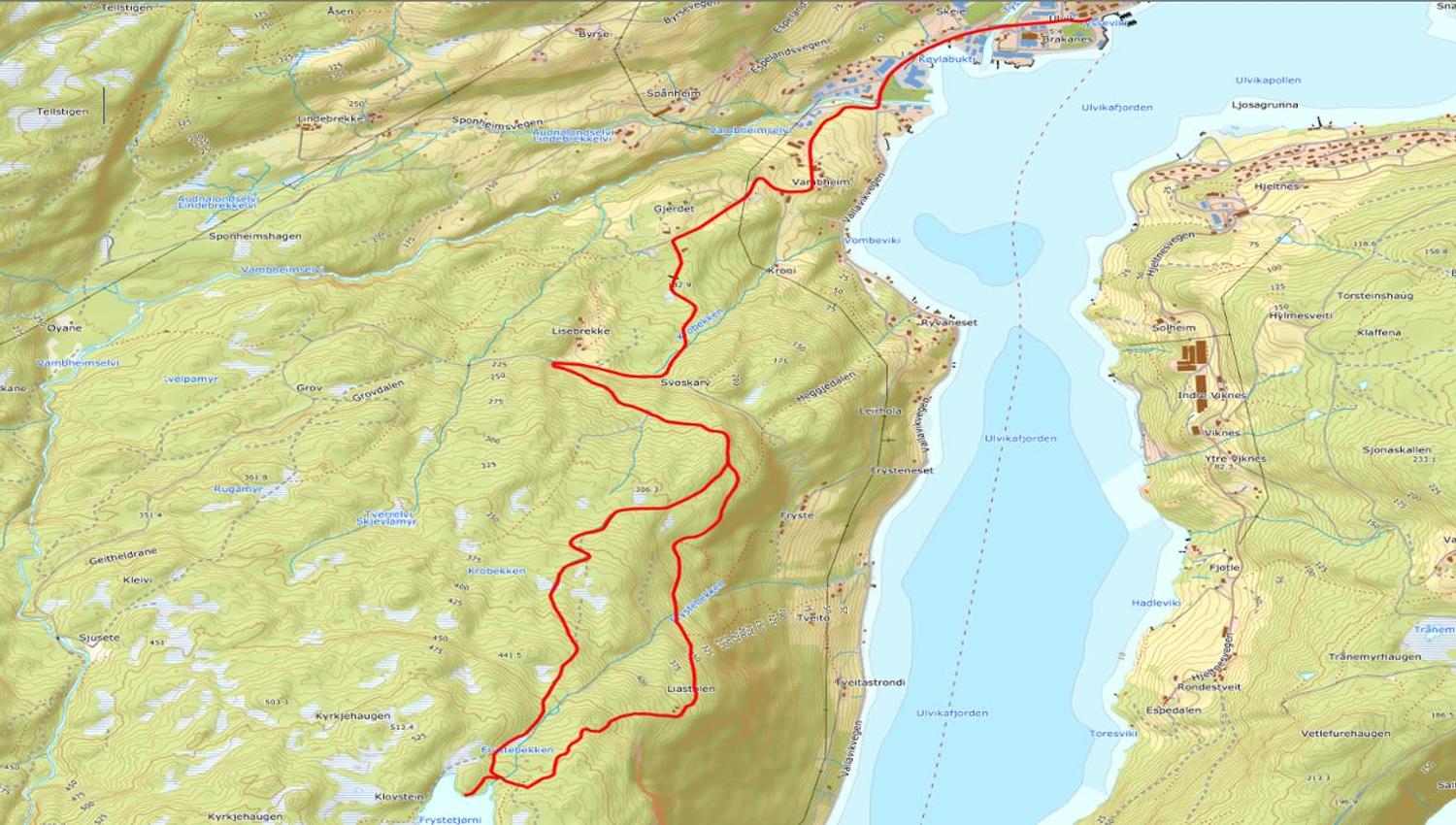Hiking map showing the marked trail from Vambheim to Frystetjørn in Hardanger.
