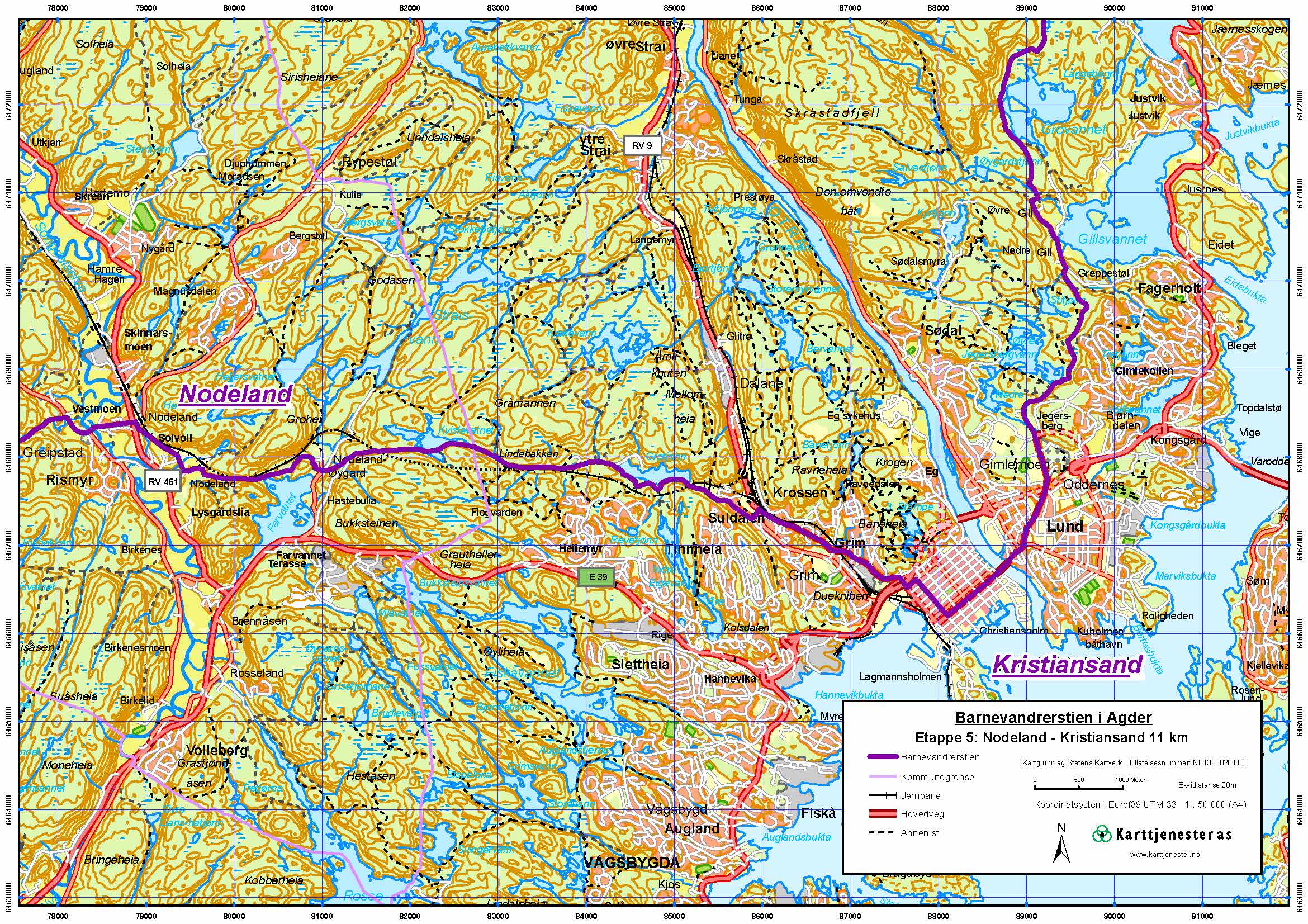 Kart etappe 5 Nodeland - Kristiansand NO