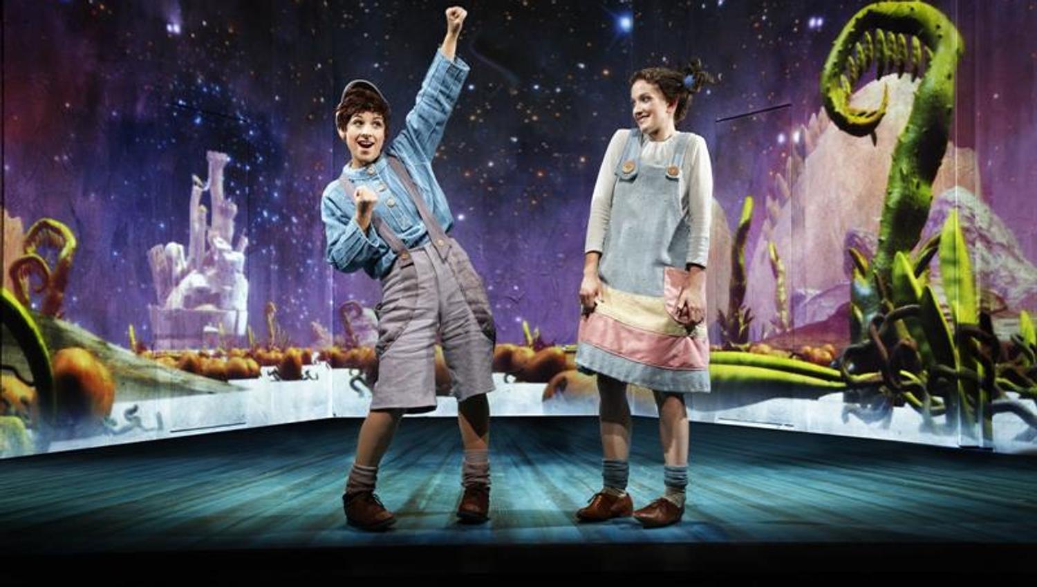 actors on stage during a performance of Jack and the Beanstalk
