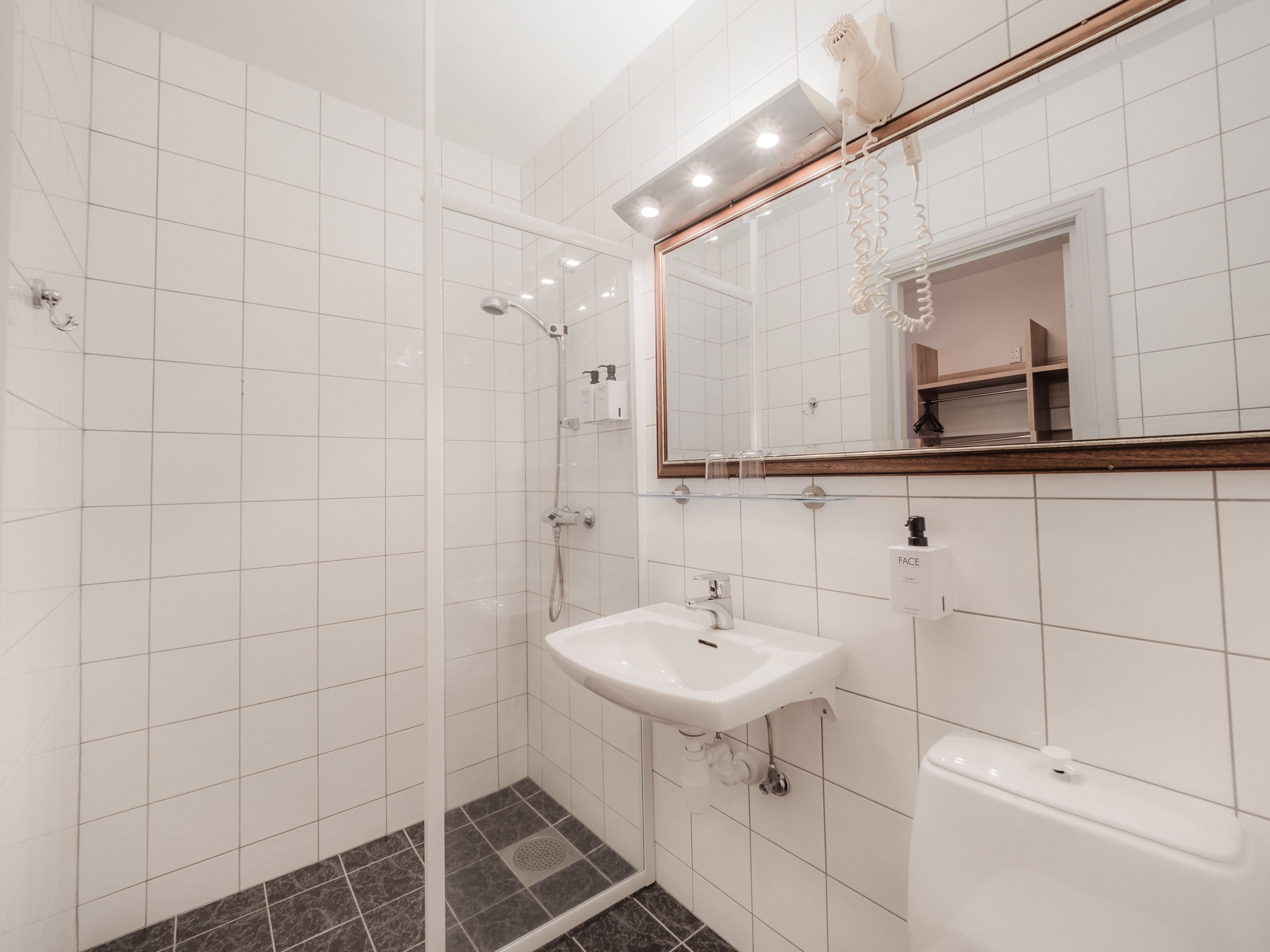 White tiled bathroom with a glass shower stall, wall-mounted sink, large mirror, and toilet in a bright interior.