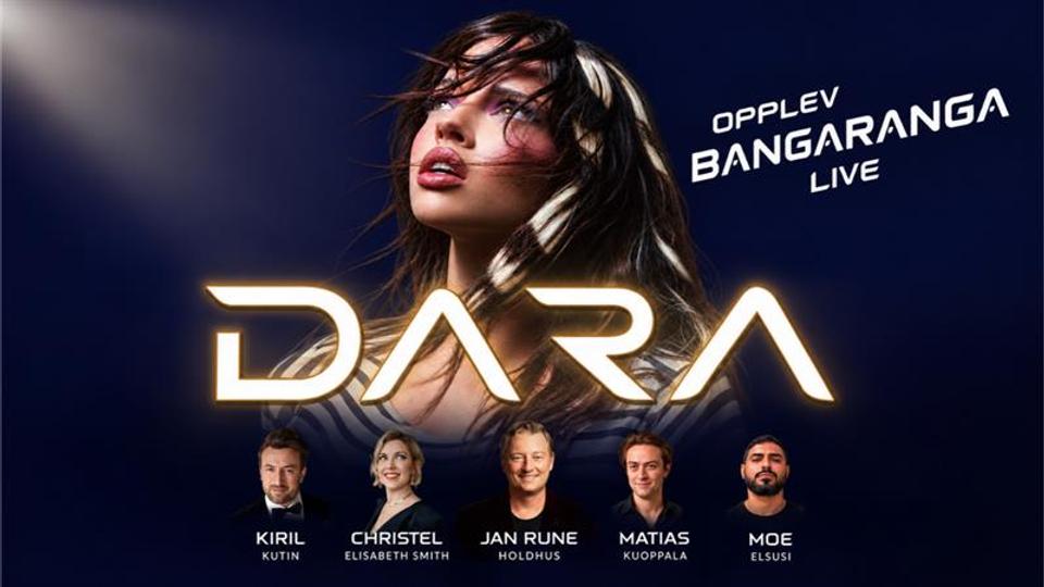 Portrait of Dora the 2026 eurovision winner with  local stars such as Jan Rune Holdhus, Cristel Elisabeth Smith, Mathias Kuoppala and Kiril Kutin