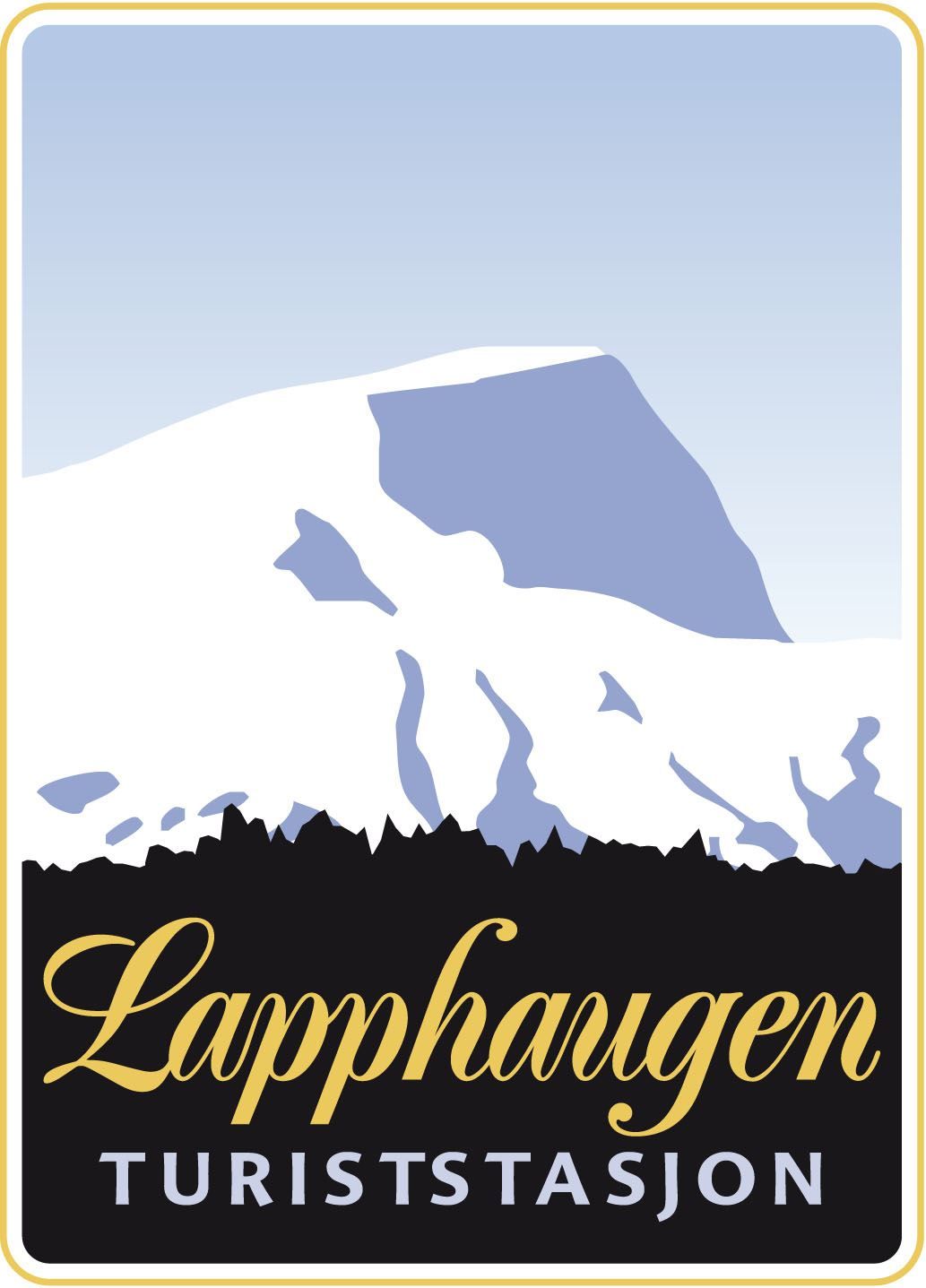 Illustrated sign showing a snowy mountain silhouette above the words “Lapphaugen” and “TURISTSTASJON”.