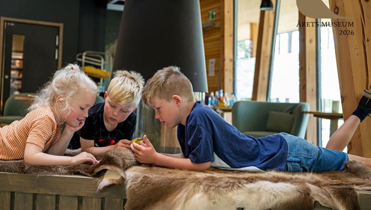 3 kids enjoyng themselves on a reindeer skin covered bench in front of the fire place