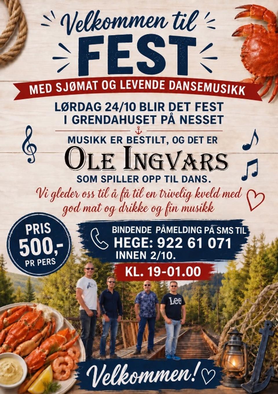 Fest i Nesset grendahus med sjømat og levende musikk av Ole Ingvars