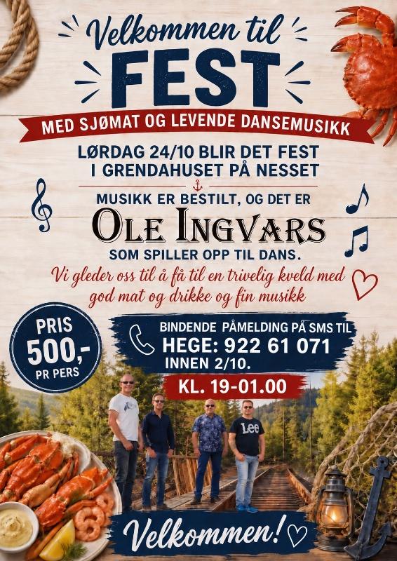 Fest i Nesset grendahus med sjømat og levende musikk av Ole Ingvars