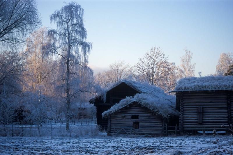 Old wooden buildings on a winter´s day. Norwegian Museum of Cultural History