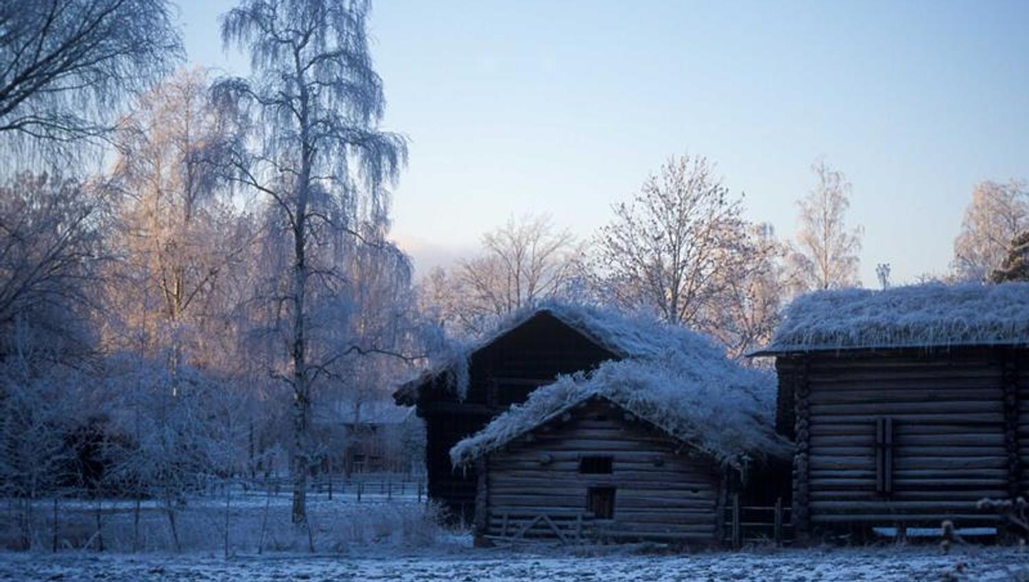 Old wooden buildings on a winter´s day. Norwegian Museum of Cultural History