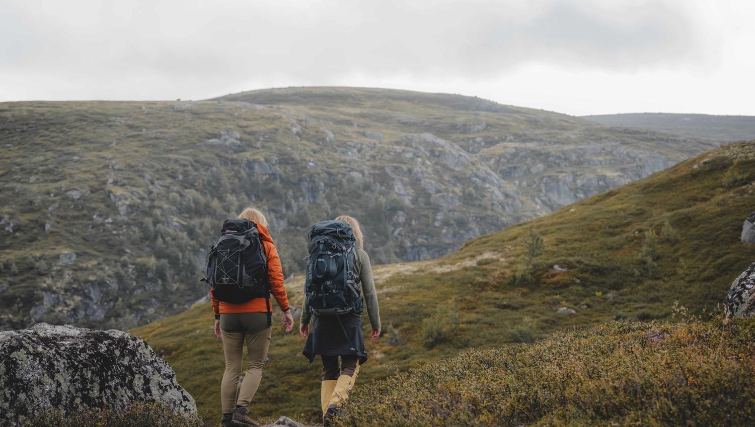 Two hikers with large backpacks hiking at the Hardangervidda.