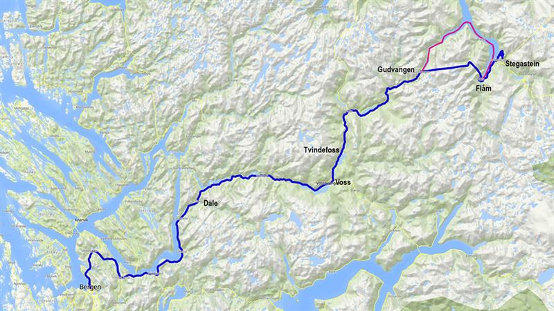 Travel route for the tour Experience the Nærøyfjord and Flåm