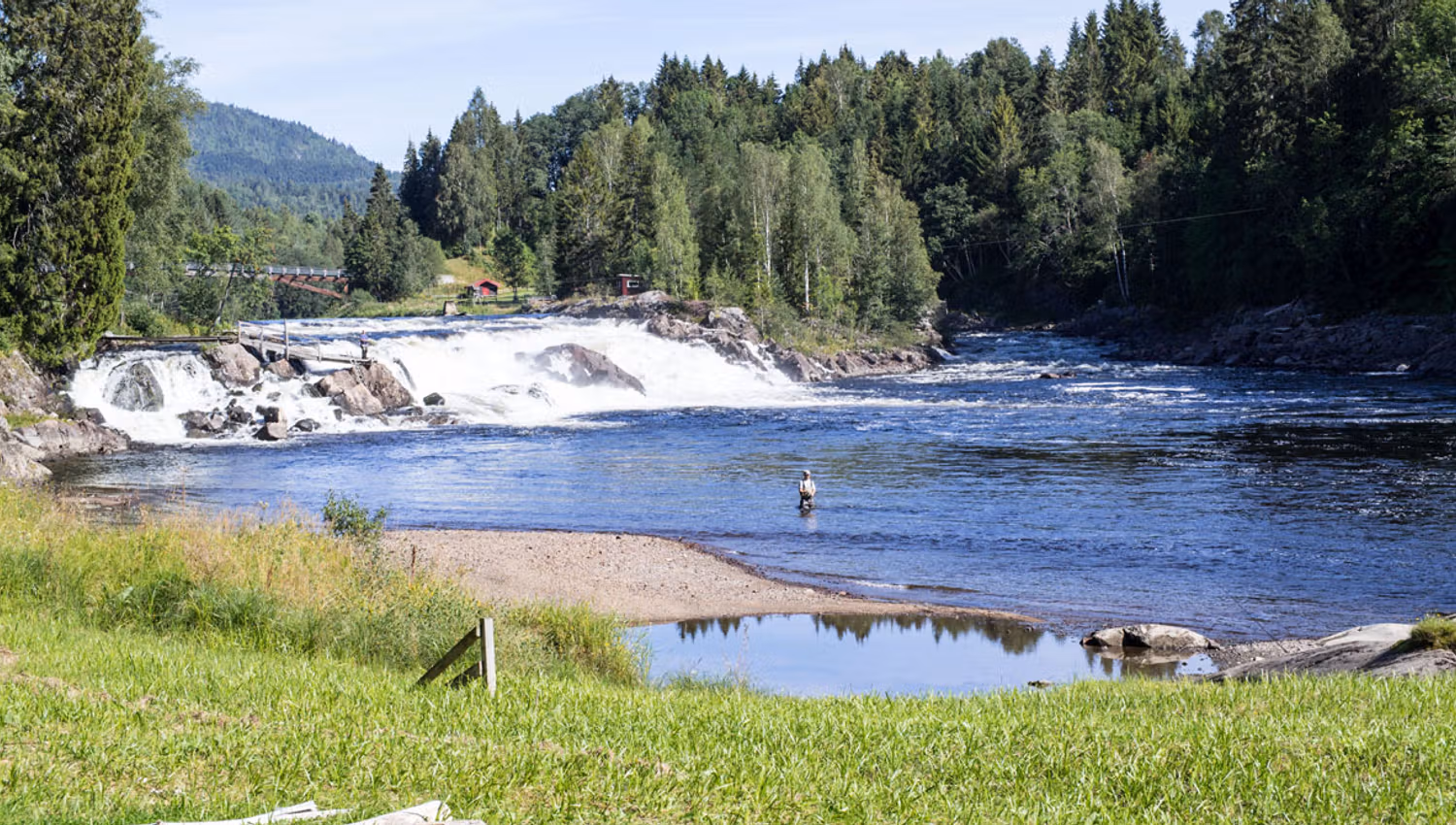 Green lawn, green forest, blue water in the river, waterfall