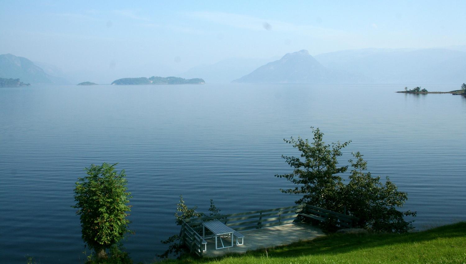 Fjordside viewpoint with bench at Oddland Camping – perfect for peaceful evenings by the water.