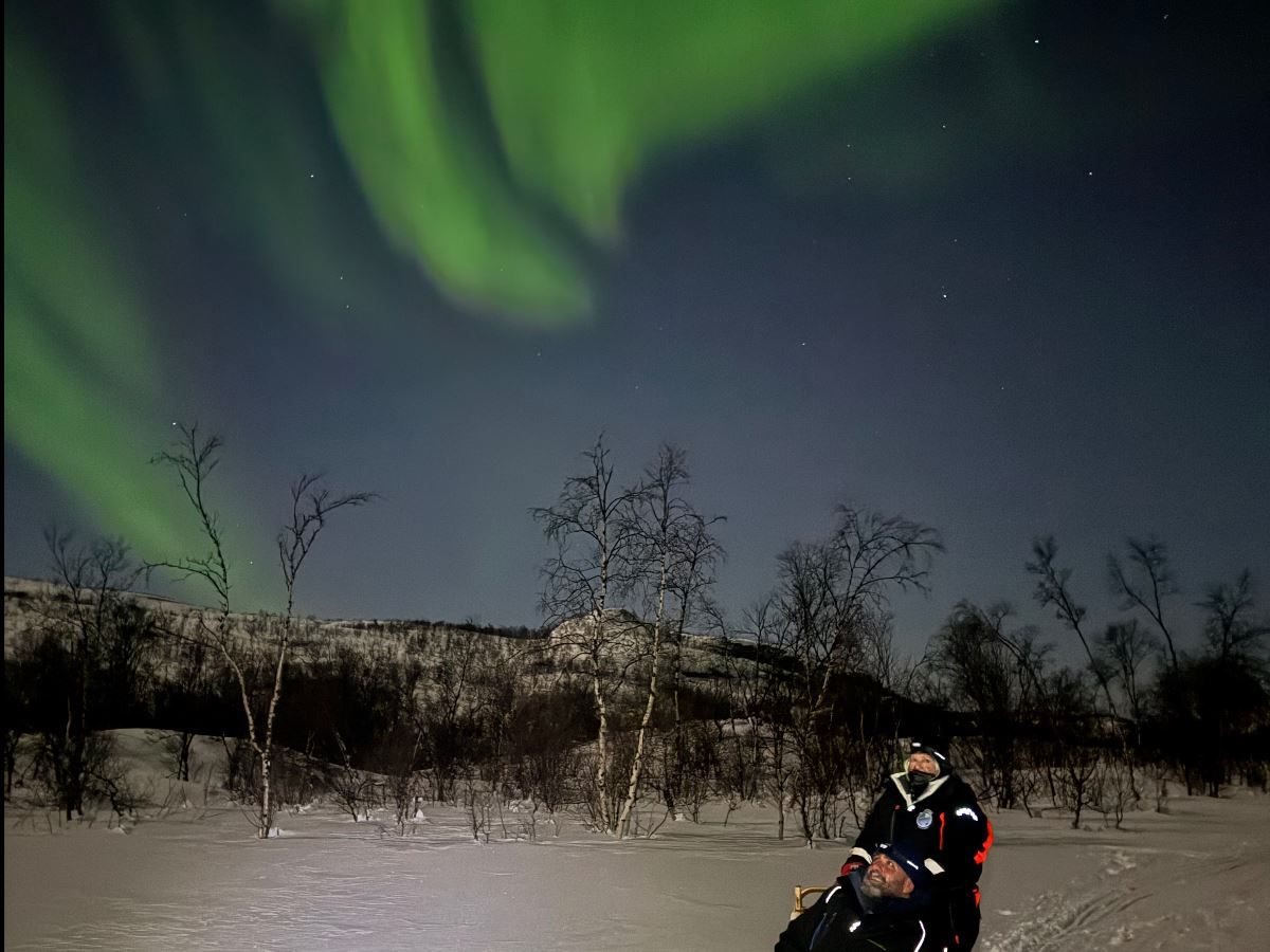 Musher under the Northern Lights in the snowy landscape of Skibotn Valley