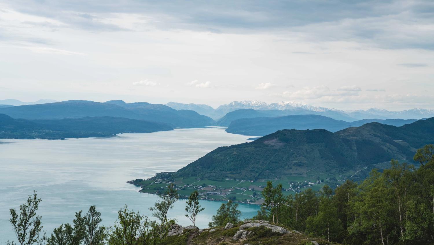 Expansive view from Kviteggjo across Hardangerfjorden toward mountain ranges with snow-covered peaks – a highlight of the trail for hikers seeking dra
