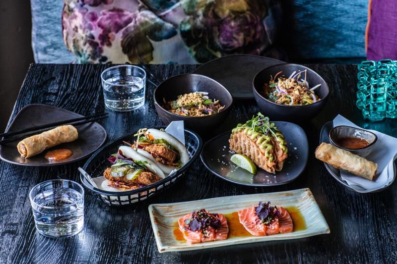 Various dishes on a table.