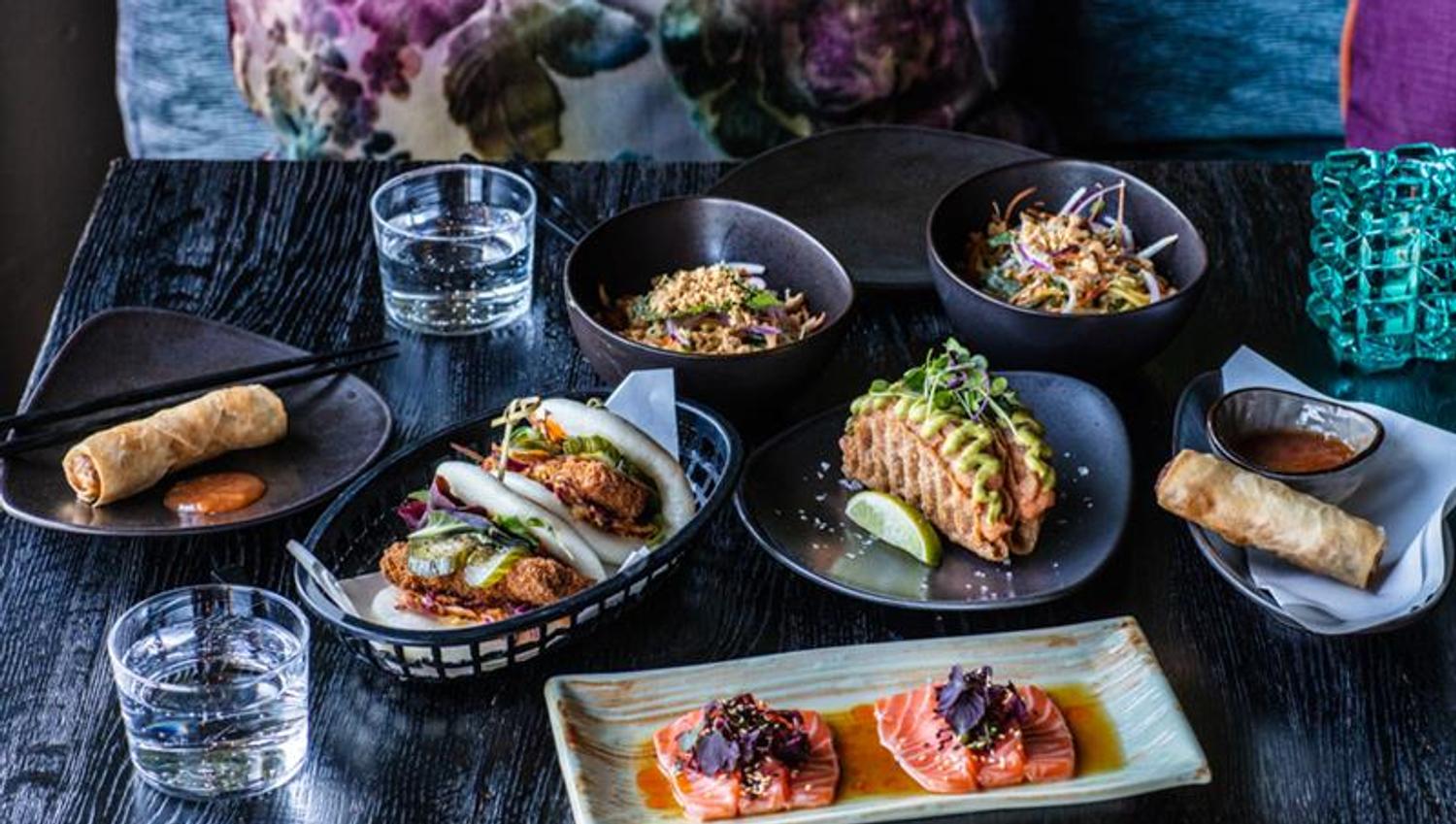 Various dishes on a table.