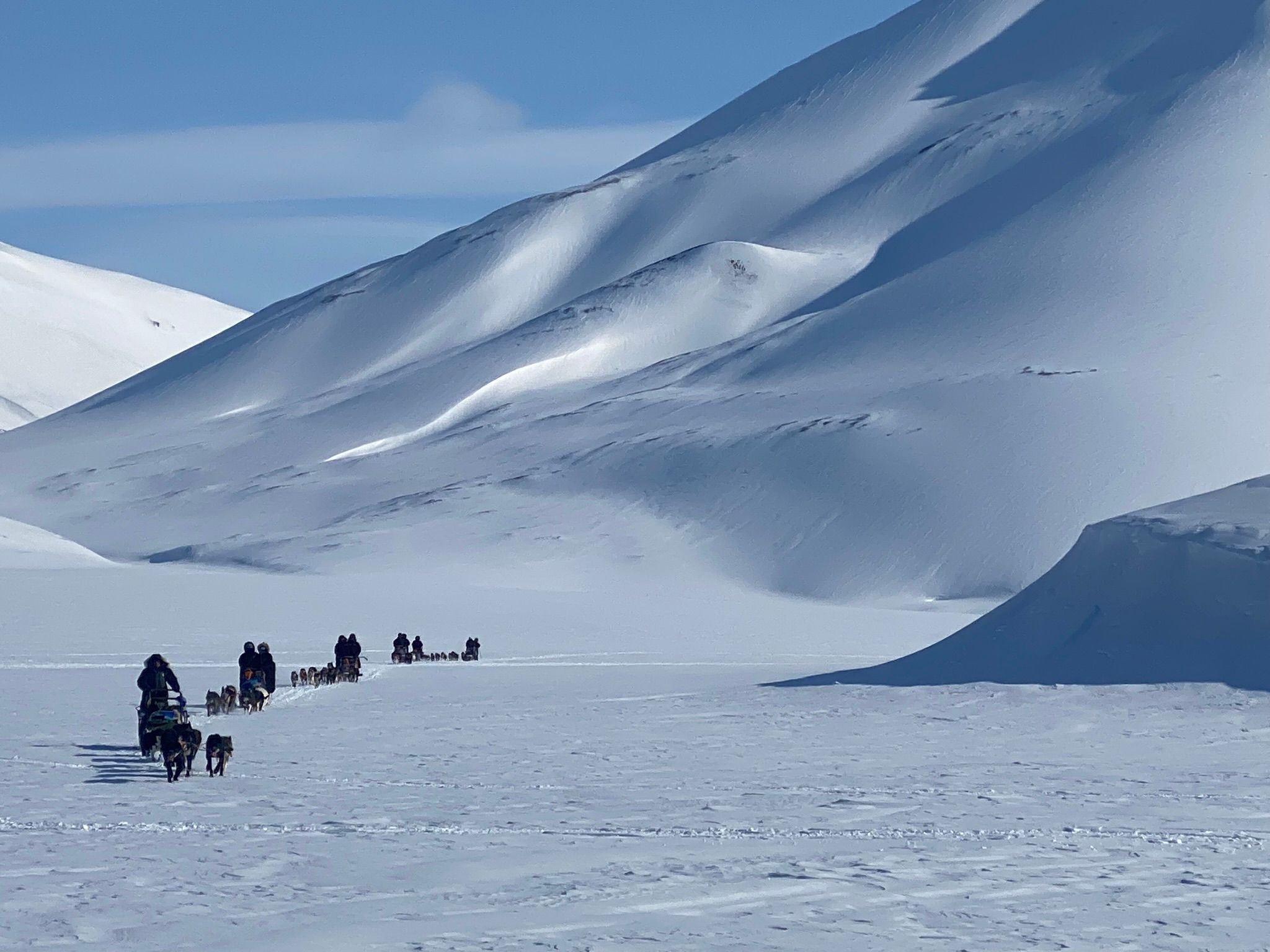 Hunder og personer som kjører hundesleder etter hverandre i forgrunnen i snødekte omgivelser, med et høyt tilsnødd fjell i bakgrunnen