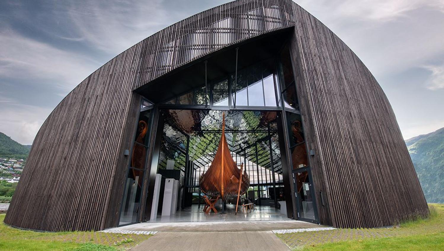 The distinctive building of Sagastad Viking Center in Nordfjordeid.