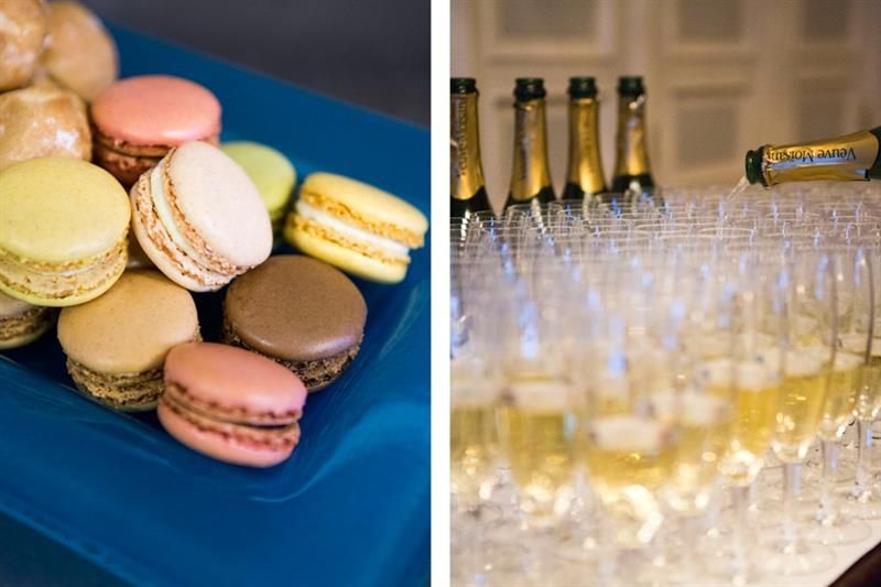 A detail photo of desserts and a detail photo of filled champagne glasses.