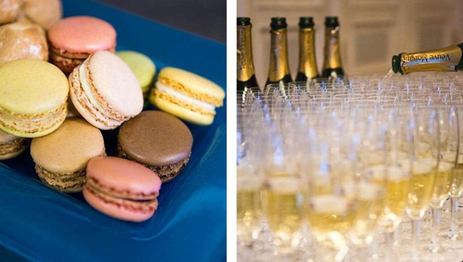 A detail photo of desserts and a detail photo of filled champagne glasses.