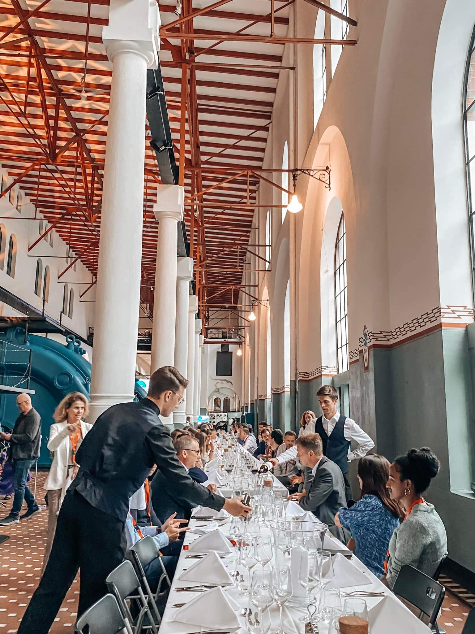 A table set for dinner inside a hydropower station. 