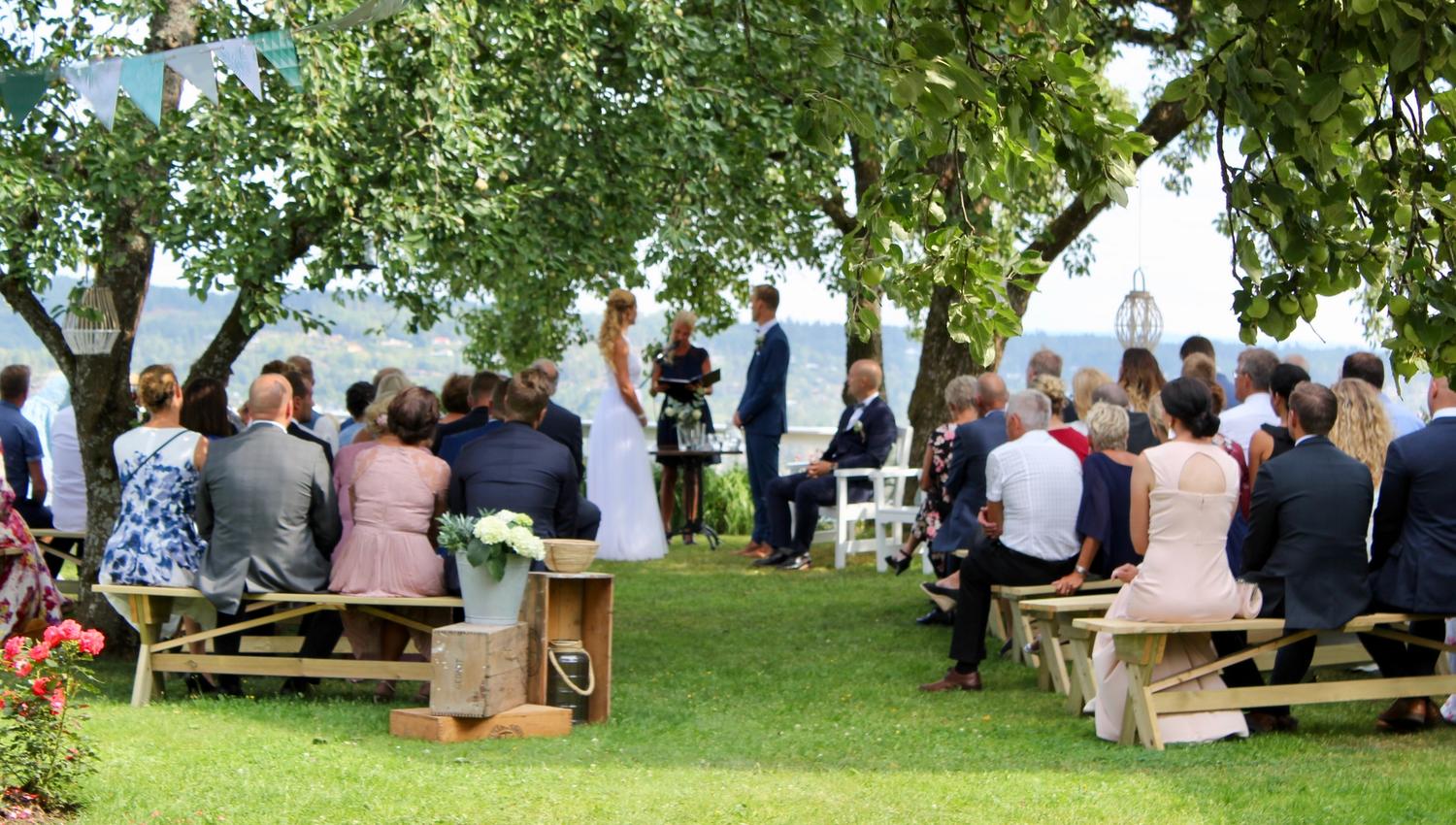 Brudepar og gjester -vielse i hagen