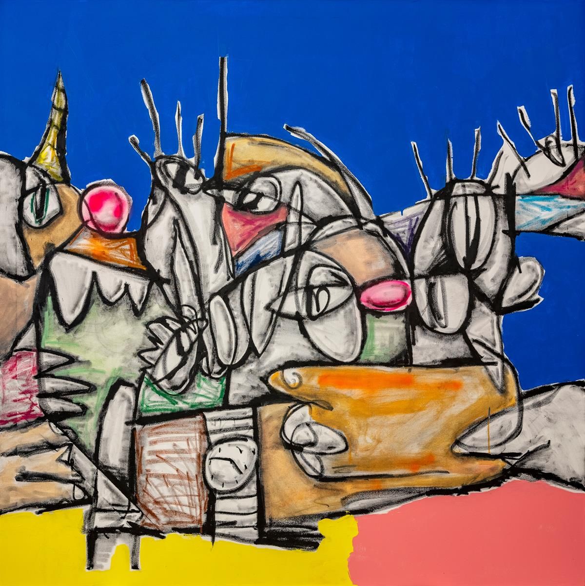 Colorful painting with abstract and figurative shapes on a blue background.