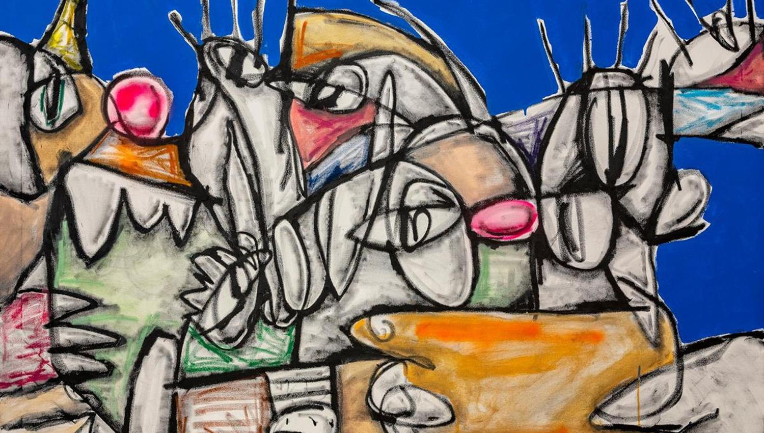 Colorful painting with abstract and figurative shapes on a blue background.
