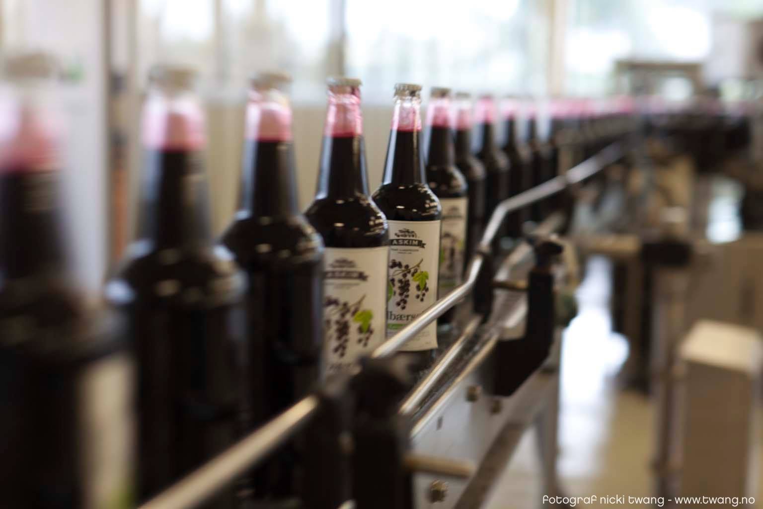 Bottles of dark red juice are lined up on a conveyor belt in a production facility. The label shows grapes, and light from the windows shines on the b