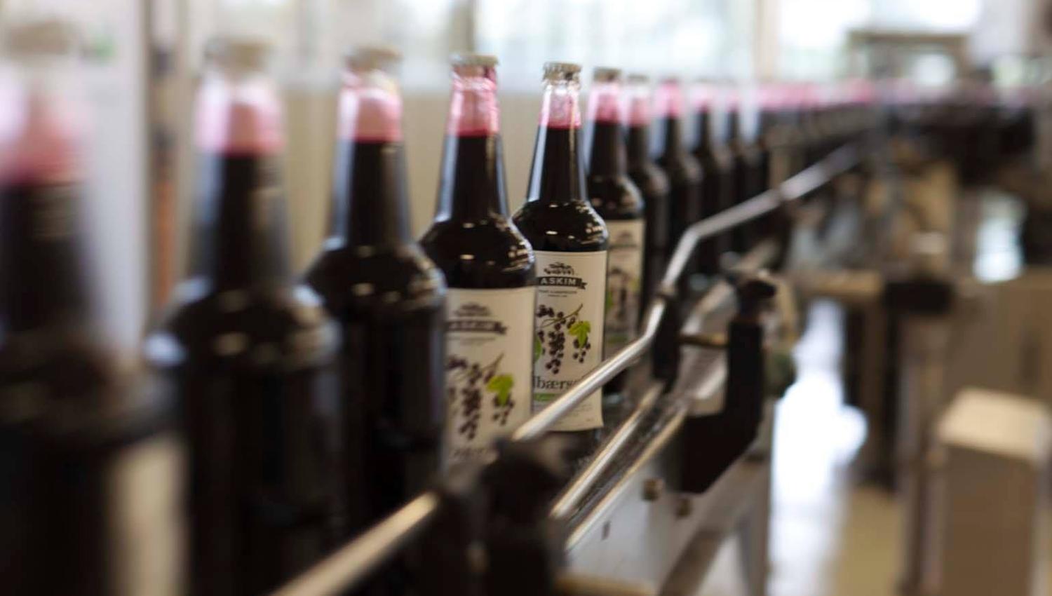 Bottles of dark red juice are lined up on a conveyor belt in a production facility. The label shows grapes, and light from the windows shines on the b