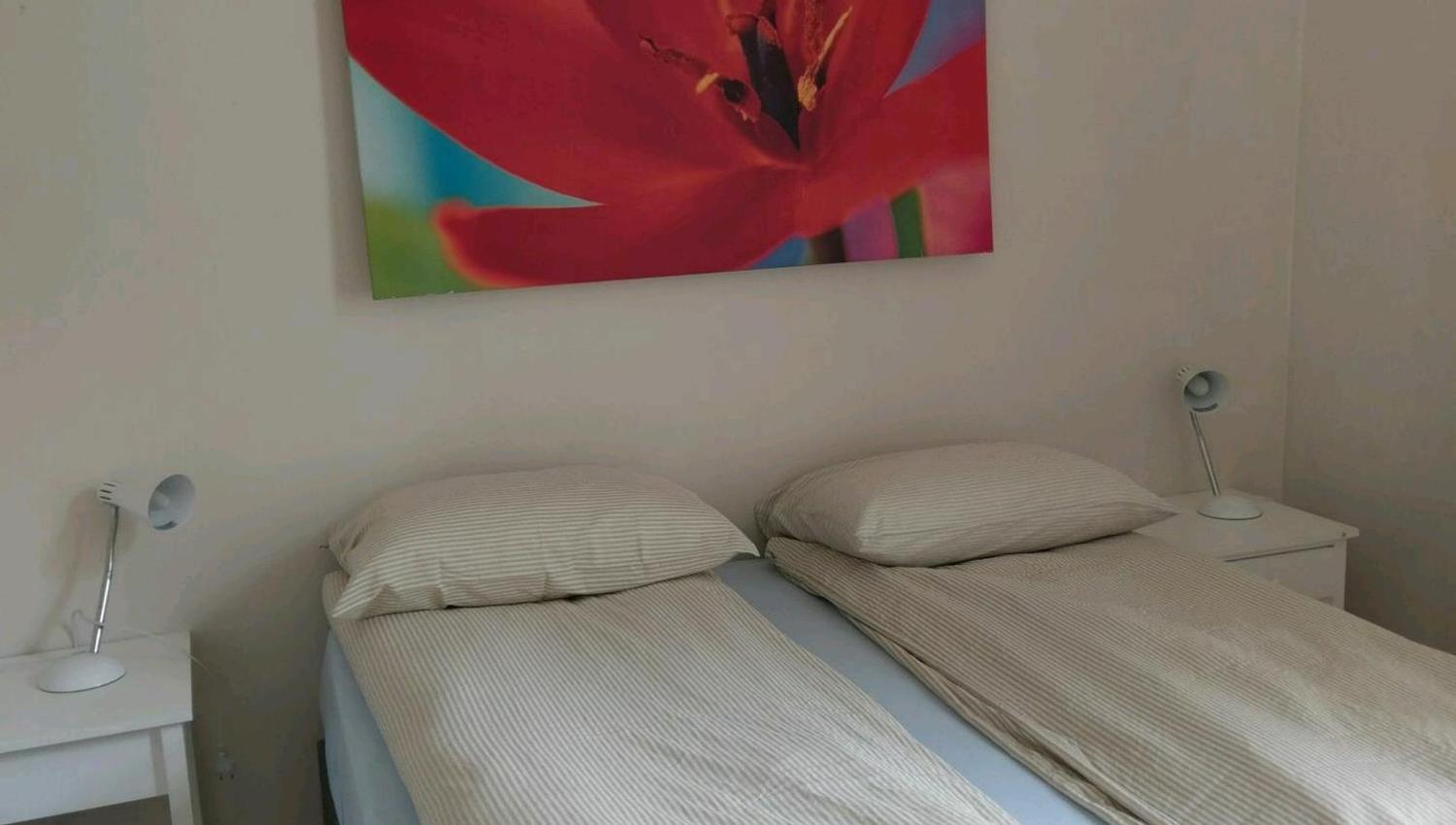 Bright and comfortable bedroom at Vikinghaug Apartments with two single beds and modern wall art.
