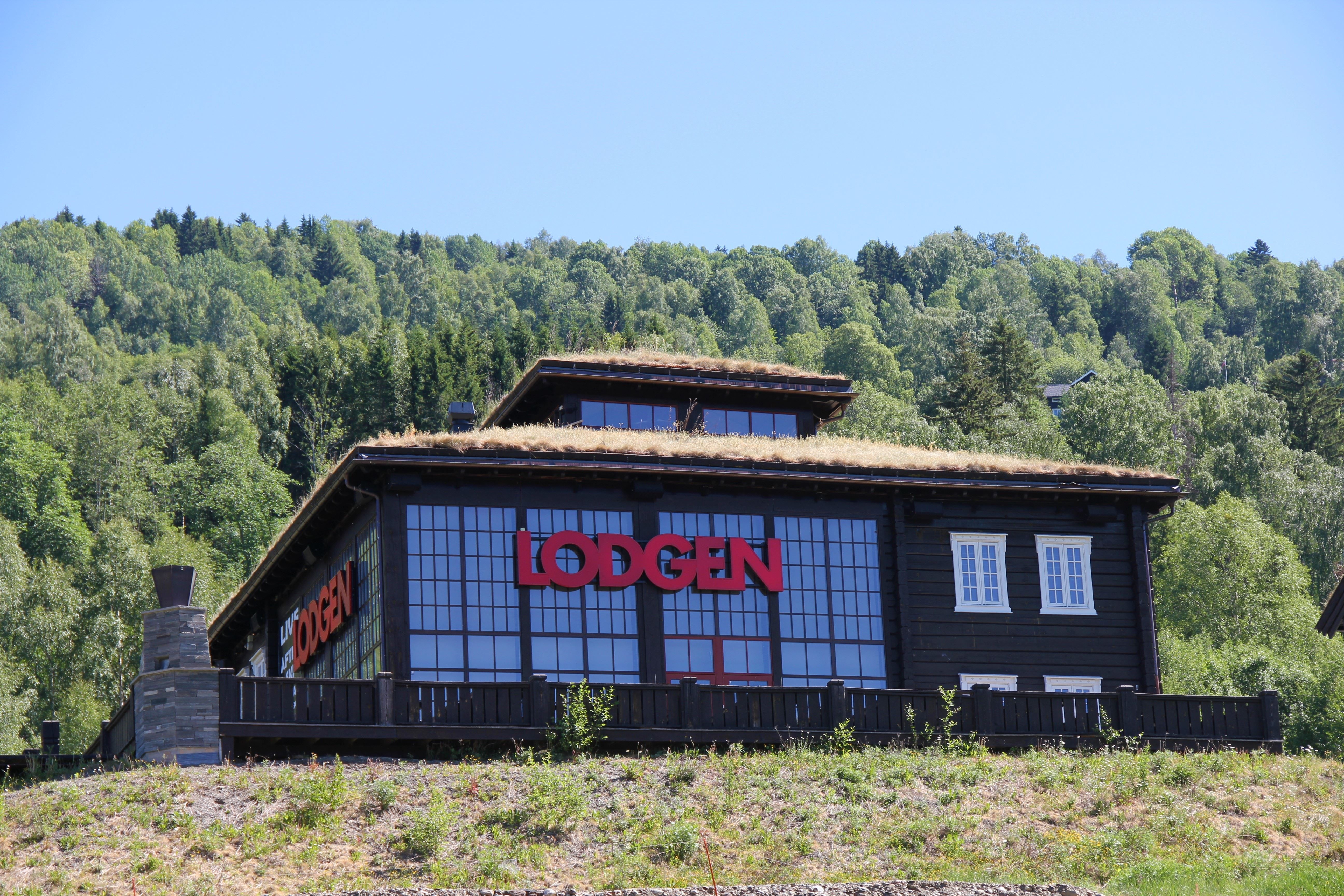 Mørk trebygning med store vinduer og rød «LODGEN»-logo, gress på taket og skogkledd åsside bak..