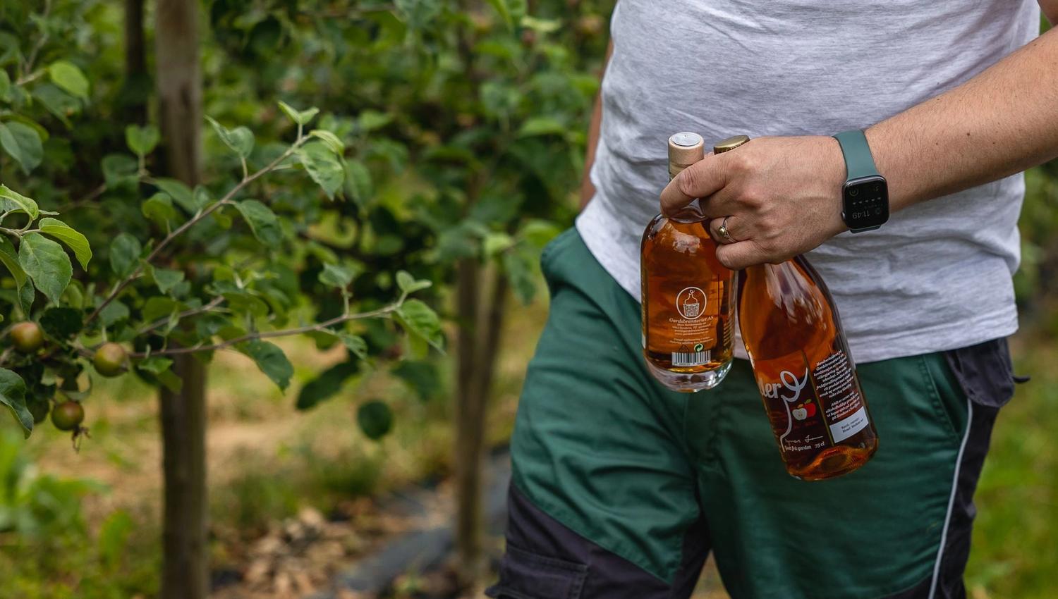 Close-up of a person holding two glass bottles of amber liquid beside leafy fruit trees in an orchard.