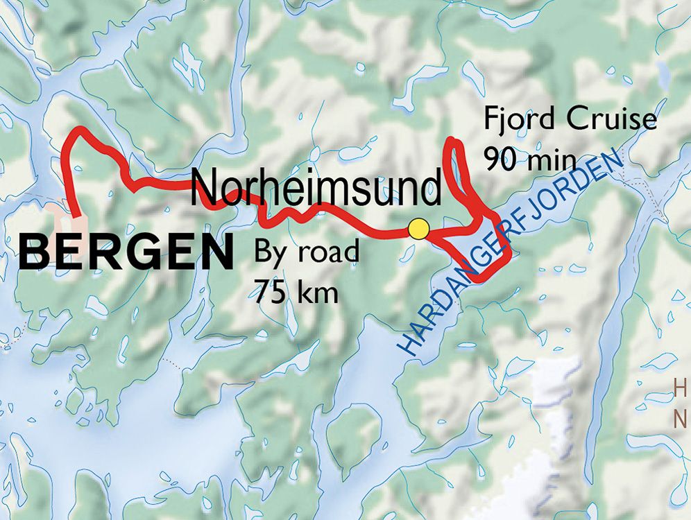 Travel route fjord cruise with Norheimsund RIB Seafari.
