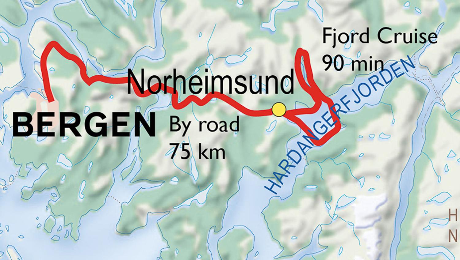 Travel route fjord cruise with Norheimsund RIB Seafari.