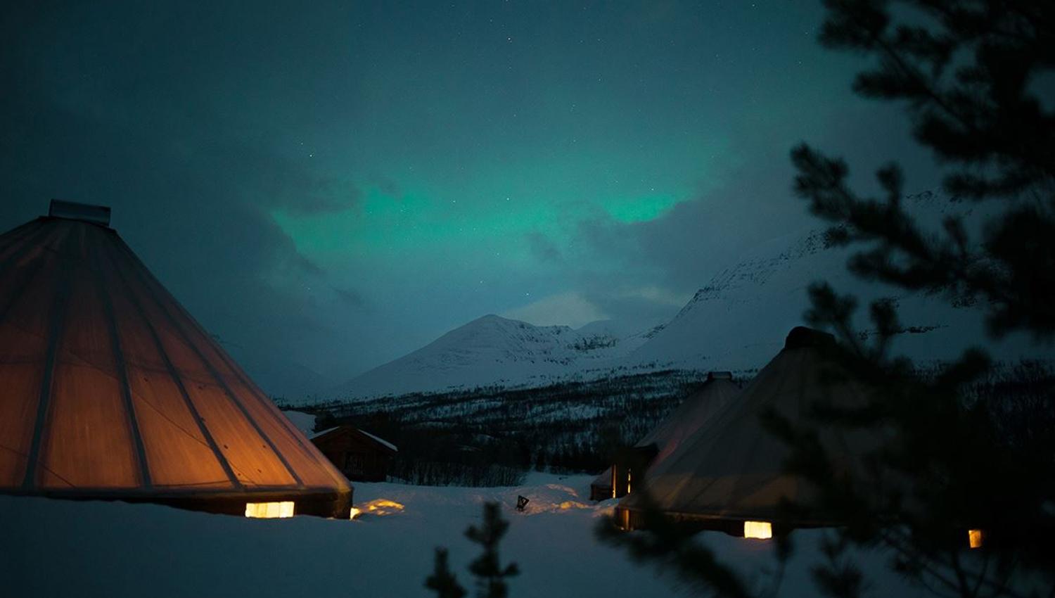 The aurora shows itself behind the fog