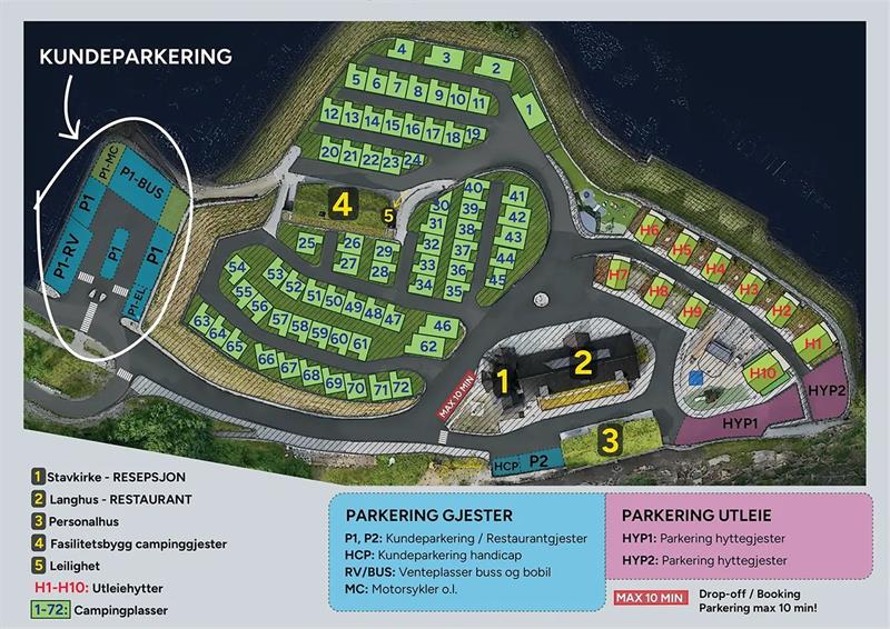 Områdekart over Lothepus Camping i Odda med plassering av hytter, campingplassar, stavkyrkje og langhus