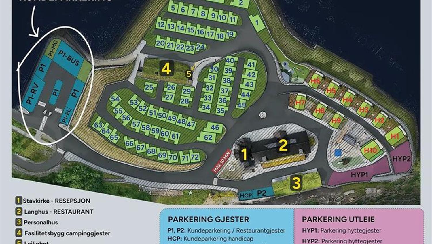 Områdekart over Lothepus Camping i Odda med plassering av hytter, campingplassar, stavkyrkje og langhus