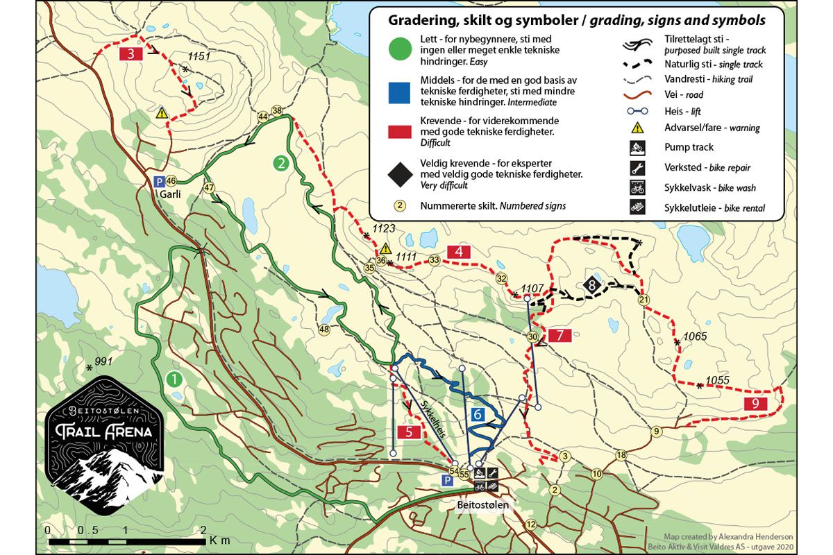 Map over cycling trails in Beitostølen Trail Arena