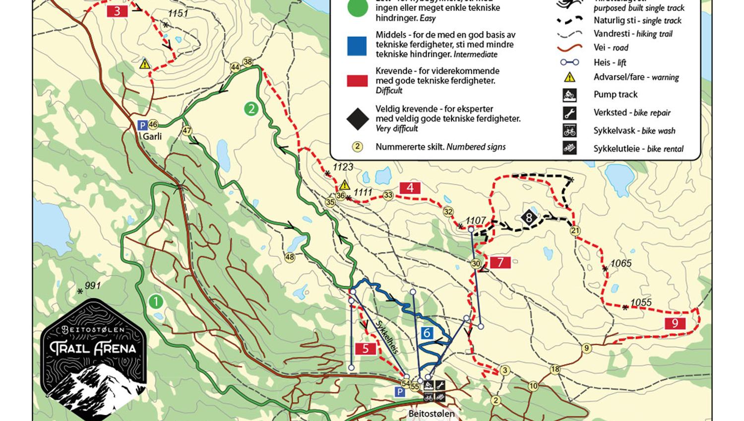 Map over cycling trails in Beitostølen Trail Arena