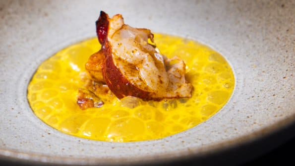 Barbecued blue lobster dusted with sweet, smoked piement served with a cream of toasted pumpkin seeds and orange tomatoes, hot sauce and airy sauce made with seabuckthorn 