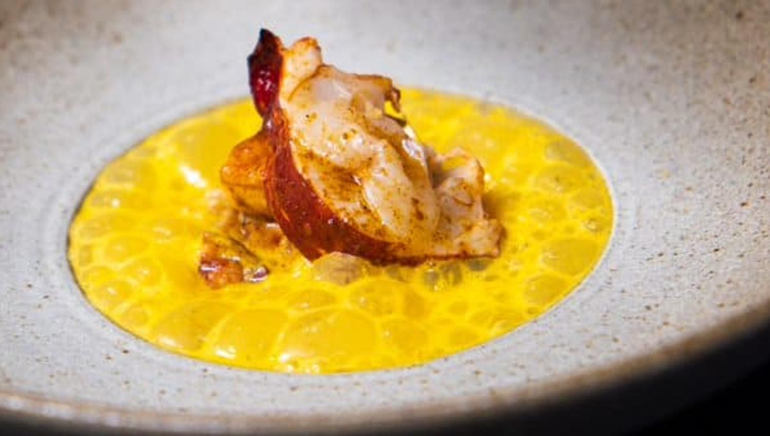 Barbecued blue lobster dusted with sweet, smoked piement served with a cream of toasted pumpkin seeds and orange tomatoes, hot sauce and airy sauce made with seabuckthorn