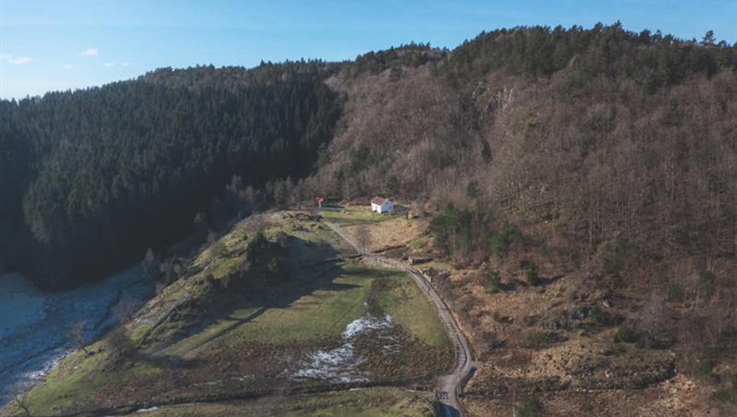 Utsikt over skog og natur på Tjortedal, med DNT hytta midt i bildet